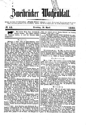 Zweibrücker Wochenblatt Dienstag 10. April 1860