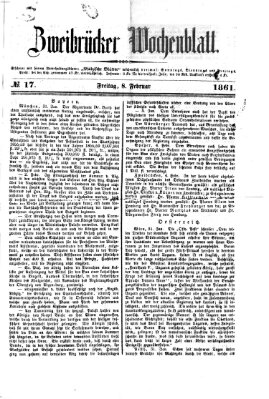 Zweibrücker Wochenblatt Freitag 8. Februar 1861