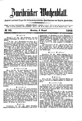 Zweibrücker Wochenblatt Sonntag 3. August 1862