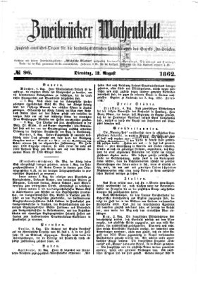 Zweibrücker Wochenblatt Dienstag 12. August 1862