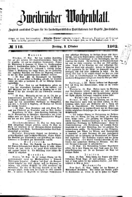 Zweibrücker Wochenblatt Freitag 3. Oktober 1862