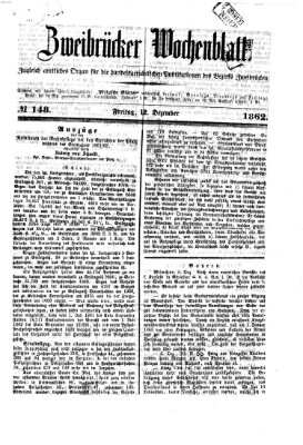 Zweibrücker Wochenblatt Freitag 12. Dezember 1862