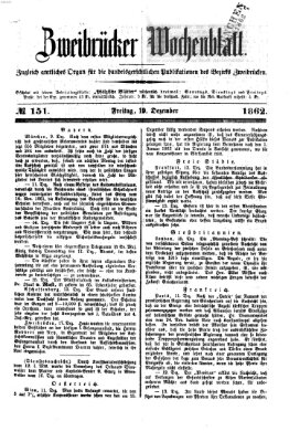 Zweibrücker Wochenblatt Freitag 19. Dezember 1862