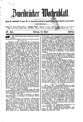 Zweibrücker Wochenblatt Freitag 14. April 1865