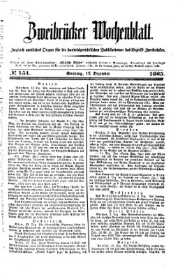 Zweibrücker Wochenblatt Sonntag 17. Dezember 1865