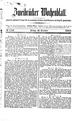 Zweibrücker Wochenblatt Freitag 22. Dezember 1865