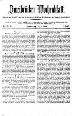 Zweibrücker Wochenblatt Donnerstag 24. Oktober 1867