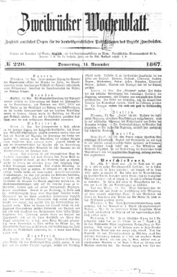 Zweibrücker Wochenblatt Donnerstag 14. November 1867