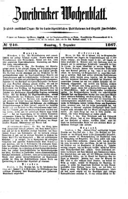 Zweibrücker Wochenblatt Samstag 7. Dezember 1867