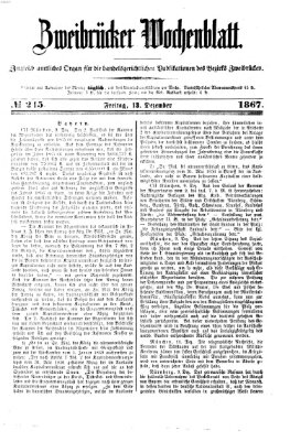 Zweibrücker Wochenblatt Freitag 13. Dezember 1867