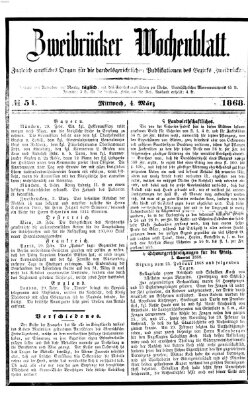 Zweibrücker Wochenblatt Mittwoch 4. März 1868