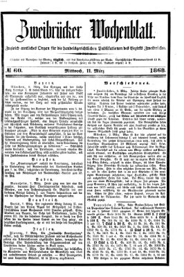 Zweibrücker Wochenblatt Mittwoch 11. März 1868