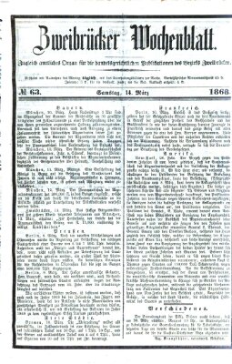 Zweibrücker Wochenblatt Samstag 14. März 1868