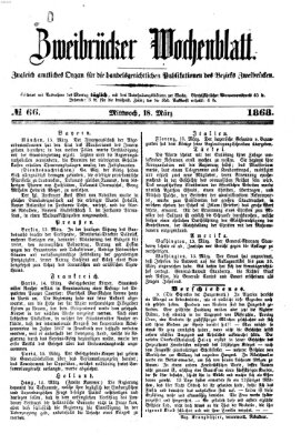 Zweibrücker Wochenblatt Mittwoch 18. März 1868