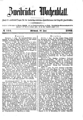 Zweibrücker Wochenblatt Mittwoch 10. Juni 1868