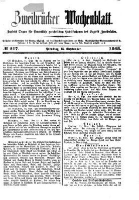 Zweibrücker Wochenblatt Dienstag 15. September 1868