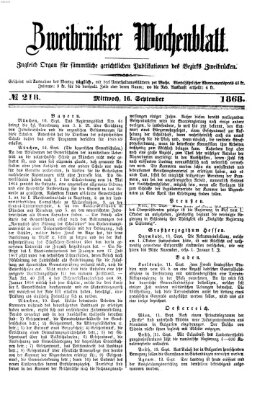 Zweibrücker Wochenblatt Mittwoch 16. September 1868