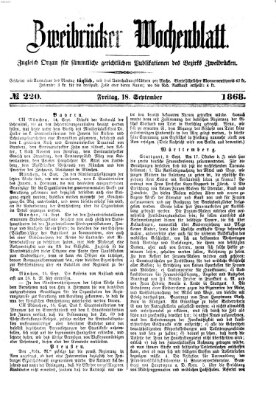 Zweibrücker Wochenblatt Freitag 18. September 1868