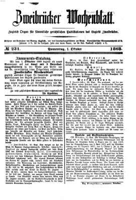 Zweibrücker Wochenblatt Donnerstag 1. Oktober 1868