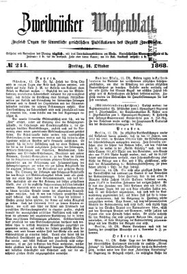 Zweibrücker Wochenblatt Freitag 16. Oktober 1868