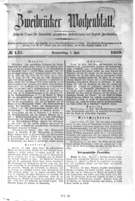 Zweibrücker Wochenblatt Donnerstag 1. Juli 1869