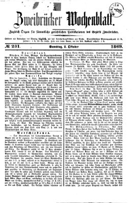 Zweibrücker Wochenblatt Samstag 2. Oktober 1869