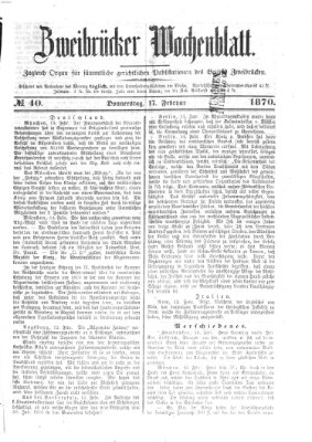 Zweibrücker Wochenblatt Donnerstag 17. Februar 1870