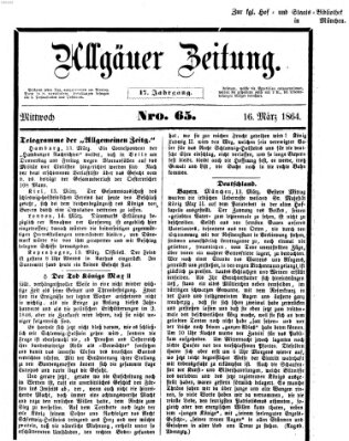 Allgäuer Zeitung Mittwoch 16. März 1864