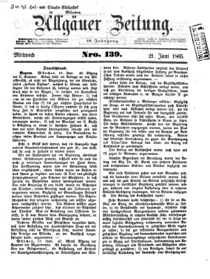 Allgäuer Zeitung Mittwoch 21. Juni 1865