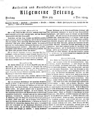 Kaiserlich- und Kurpfalzbairisch privilegirte allgemeine Zeitung (Allgemeine Zeitung) Freitag 2. Dezember 1803