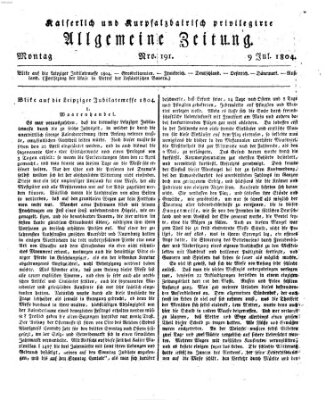 Kaiserlich- und Kurpfalzbairisch privilegirte allgemeine Zeitung (Allgemeine Zeitung) Montag 9. Juli 1804