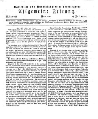 Kaiserlich- und Kurpfalzbairisch privilegirte allgemeine Zeitung (Allgemeine Zeitung) Mittwoch 18. Juli 1804