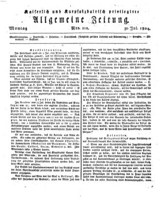 Kaiserlich- und Kurpfalzbairisch privilegirte allgemeine Zeitung (Allgemeine Zeitung) Montag 30. Juli 1804