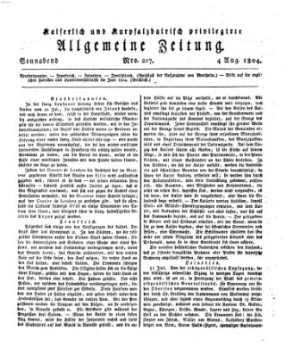 Kaiserlich- und Kurpfalzbairisch privilegirte allgemeine Zeitung (Allgemeine Zeitung) Samstag 4. August 1804