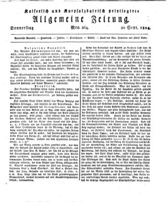 Kaiserlich- und Kurpfalzbairisch privilegirte allgemeine Zeitung (Allgemeine Zeitung) Donnerstag 20. September 1804