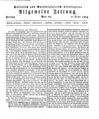 Kaiserlich- und Kurpfalzbairisch privilegirte allgemeine Zeitung (Allgemeine Zeitung) Freitag 21. September 1804