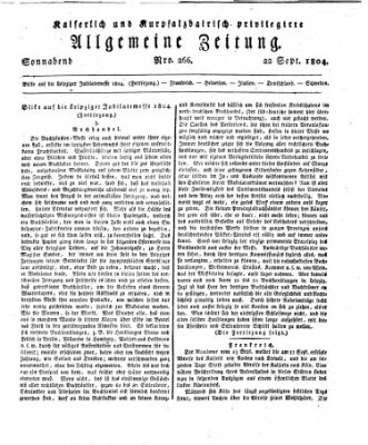 Kaiserlich- und Kurpfalzbairisch privilegirte allgemeine Zeitung (Allgemeine Zeitung) Samstag 22. September 1804