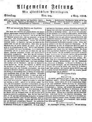 Allgemeine Zeitung Dienstag 2. August 1808