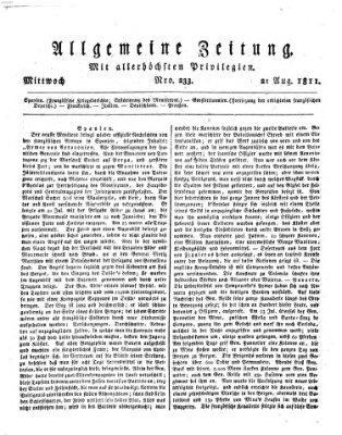 Allgemeine Zeitung Mittwoch 21. August 1811