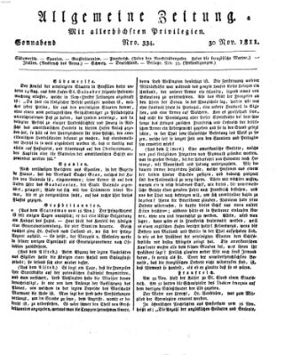 Allgemeine Zeitung Samstag 30. November 1811