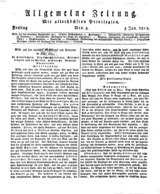 Allgemeine Zeitung Freitag 3. Januar 1812