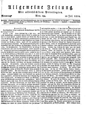 Allgemeine Zeitung Sonntag 12. Juli 1812