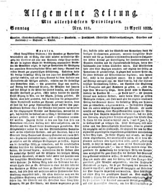 Allgemeine Zeitung Sonntag 21. April 1822