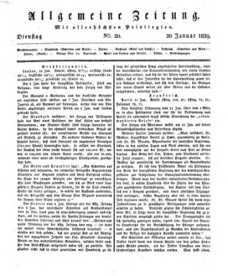 Allgemeine Zeitung Dienstag 20. Januar 1829