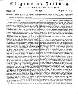 Allgemeine Zeitung Dienstag 30. Juni 1829