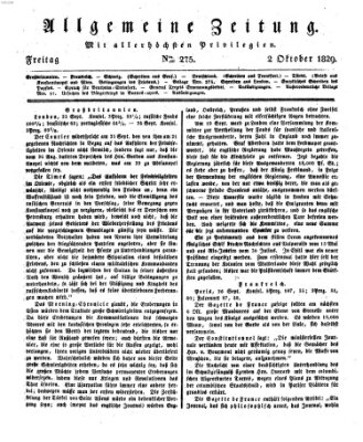 Allgemeine Zeitung Freitag 2. Oktober 1829