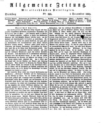 Allgemeine Zeitung Dienstag 1. Dezember 1829