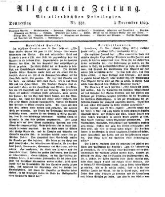 Allgemeine Zeitung Donnerstag 3. Dezember 1829