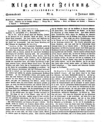 Allgemeine Zeitung Samstag 2. Januar 1830