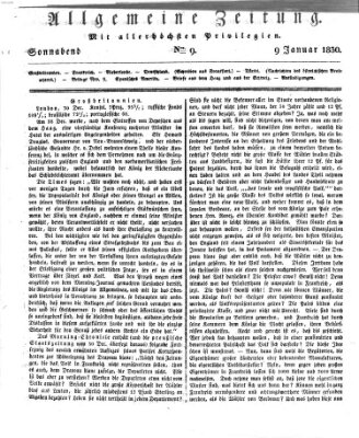 Allgemeine Zeitung Samstag 9. Januar 1830